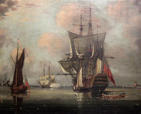 Circle of Lieut Robert Strickland Thomas (1787-1853) HMS Britannia in Portsmouth harbour, 16 x 18.5in.